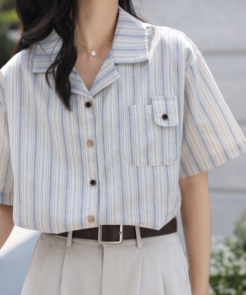 Vipoa（ヴィポア）の「French retro casual stripe shirt（シャツ/ブラウス・レディース・ブルー・FREE）」の3枚目の写真