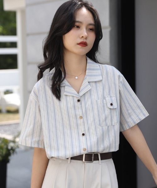 Vipoa（ヴィポア）の「French retro casual stripe shirt（シャツ/ブラウス・レディース・ブルー・FREE）」の5枚目の写真