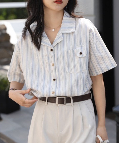 Vipoa（ヴィポア）の「French retro casual stripe shirt（シャツ/ブラウス・レディース・ブルー・FREE）」の9枚目の写真