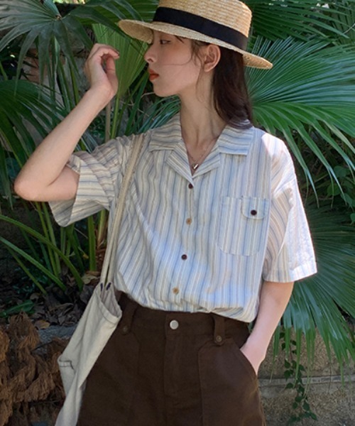 Vipoa（ヴィポア）の「French retro casual stripe shirt（シャツ/ブラウス・レディース・ブルー・FREE）」の14枚目の写真