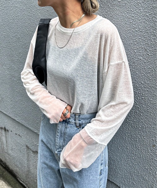feepur(フェピュール)の「異素材スリーブシアーロンTee(Tシャツ/カットソー・レディース・ブラウン/ピンク/ブラック/オフホワイト/ブルー/グレー/ホワイト×ブラック・MEDIUM)」の16枚目の写真