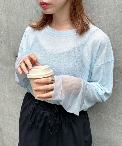 feepur(フェピュール)の「異素材スリーブシアーロンTee(Tシャツ/カットソー・レディース・ブラウン/ピンク/ブラック/オフホワイト/ブルー/グレー/ホワイト×ブラック・MEDIUM)」の10枚目の写真