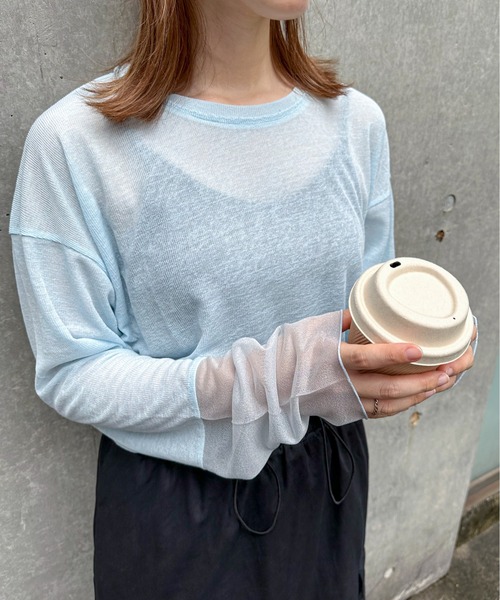 feepur(フェピュール)の「異素材スリーブシアーロンTee(Tシャツ/カットソー・レディース・ブラウン/ピンク/ブラック/オフホワイト/ブルー/グレー/ホワイト×ブラック・MEDIUM)」の22枚目の写真