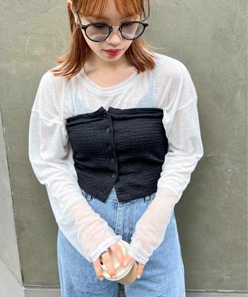 feepur(フェピュール)の「異素材スリーブシアーロンTee(Tシャツ/カットソー・レディース・ブラウン/ピンク/ブラック/オフホワイト/ブルー/グレー/ホワイト×ブラック・MEDIUM)」の9枚目の写真