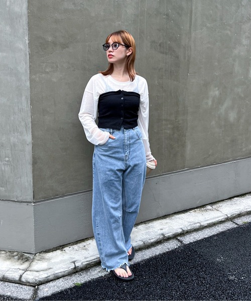 feepur(フェピュール)の「異素材スリーブシアーロンTee(Tシャツ/カットソー・レディース・ブラウン/ピンク/ブラック/オフホワイト/ブルー/グレー/ホワイト×ブラック・MEDIUM)」の21枚目の写真