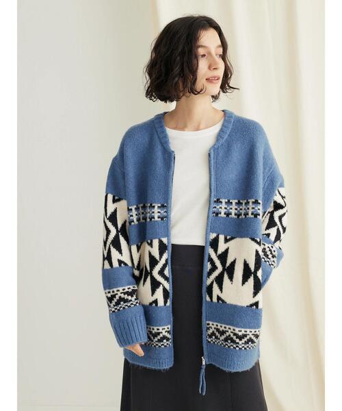 CRAFT STANDARD BOUTIQUE（クラフトスタンダードブティック）の「オルテガ柄ニットZIPブルゾン（カーディガン/ボレロ・レディース・ブラウン/サックスブルー/グレー・FREE）」の6枚目の写真