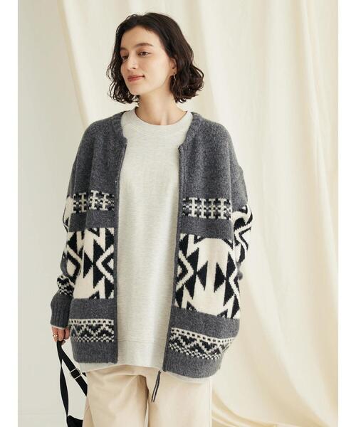 CRAFT STANDARD BOUTIQUE（クラフトスタンダードブティック）の「オルテガ柄ニットZIPブルゾン（カーディガン/ボレロ・レディース・ブラウン/サックスブルー/グレー・FREE）」の7枚目の写真