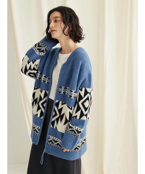 CRAFT STANDARD BOUTIQUE（クラフトスタンダードブティック）の「オルテガ柄ニットZIPブルゾン（カーディガン/ボレロ・レディース・ブラウン/サックスブルー/グレー・FREE）」の13枚目の写真