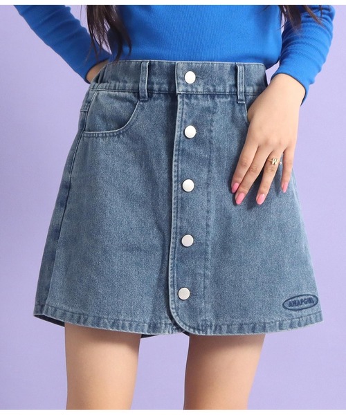 ANAP GｉRL（アナップガール）の「ボタンデザイン台形スカパン（スカート・キッズ・ブラック/ブルー/ブラウン・XS/M/S）」の3枚目の写真