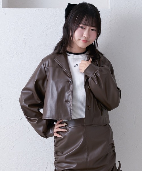 shrita(シュリータ)の「【shrita】【セットアップ可能】フェイクレザーショートジャケット(セットアップ・キッズ・ベージュ/ブラウン・L/M)」の1枚目の写真