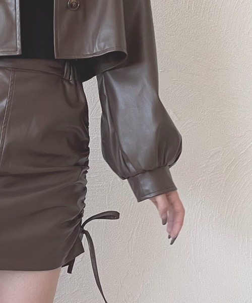 DABUWAWA上下セットフェイクレザージャケットスカートショート丈