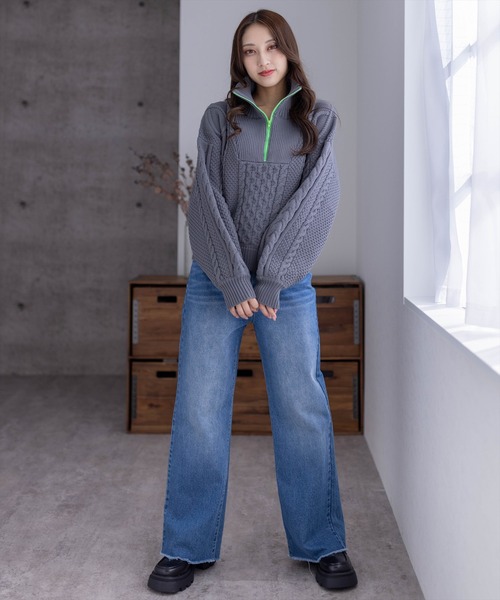 clear（クリア）の「配色ハーフジップケーブル編みニットトップス（ニット/セーター・レディース・ネイビー/チャコールグレー/グレイッシュベージュ・F）」の19枚目の写真