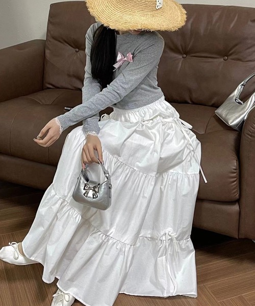 Nia(ニア)の「Nia(ニア)/キリカエ リボン ロングスカート(スカート・レディース・ホワイト/ブルー・FREE)」の6枚目の写真