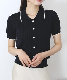 すかし編みポロ襟ニット