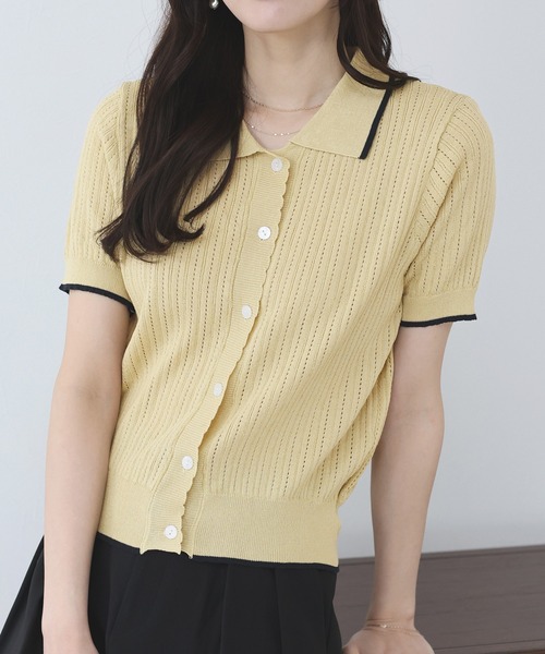 BLUEEAST（ブルーイースト）の「すかし編みポロ襟ニット（ニット/セーター・レディース・ネイビー/イエロー/アイボリー・MEDIUM）」の3枚目の写真
