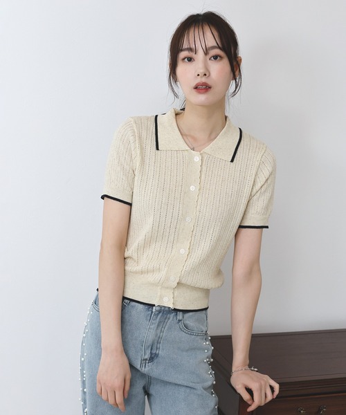 BLUEEAST（ブルーイースト）の「すかし編みポロ襟ニット（ニット/セーター・レディース・ネイビー/イエロー/アイボリー・MEDIUM）」の2枚目の写真