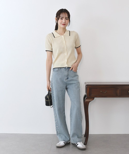 BLUEEAST（ブルーイースト）の「すかし編みポロ襟ニット（ニット/セーター・レディース・ネイビー/イエロー/アイボリー・MEDIUM）」の9枚目の写真