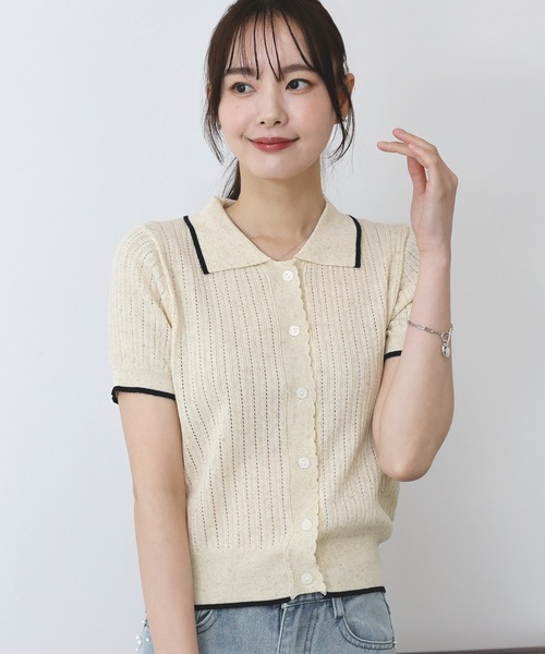 BLUEEAST（ブルーイースト）の「すかし編みポロ襟ニット（ニット/セーター・レディース・ネイビー/イエロー/アイボリー・MEDIUM）」の7枚目の写真