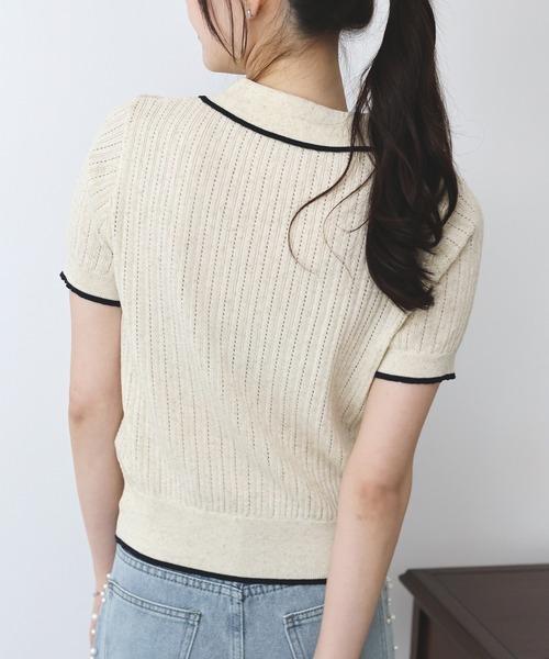 BLUEEAST（ブルーイースト）の「すかし編みポロ襟ニット（ニット/セーター・レディース・ネイビー/イエロー/アイボリー・MEDIUM）」の5枚目の写真