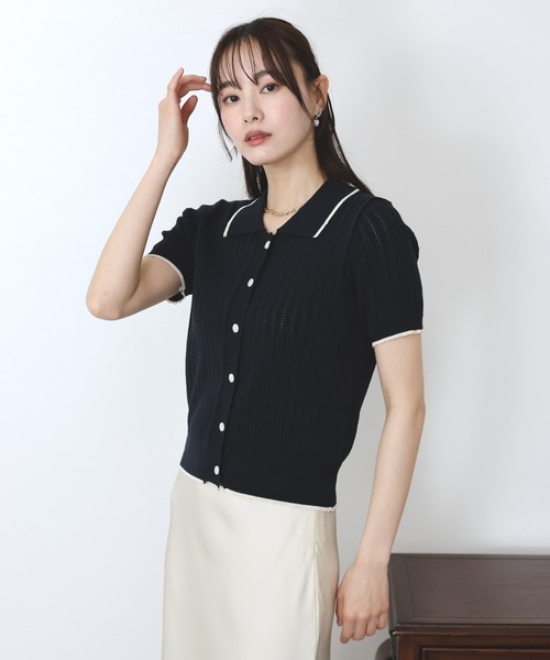 BLUEEAST（ブルーイースト）の「すかし編みポロ襟ニット（ニット/セーター・レディース・ネイビー/イエロー/アイボリー・MEDIUM）」の13枚目の写真