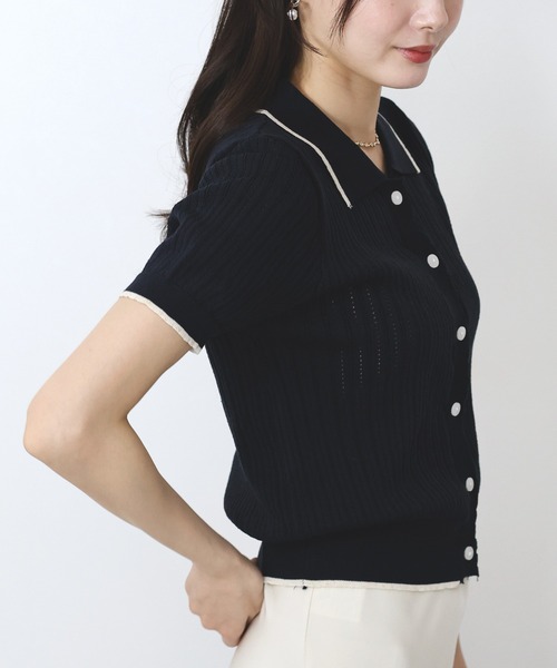 BLUEEAST（ブルーイースト）の「すかし編みポロ襟ニット（ニット/セーター・レディース・ネイビー/イエロー/アイボリー・MEDIUM）」の10枚目の写真