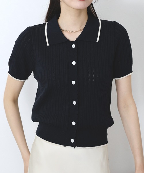 BLUEEAST（ブルーイースト）の「すかし編みポロ襟ニット（ニット/セーター・レディース・ネイビー/イエロー/アイボリー・MEDIUM）」の11枚目の写真