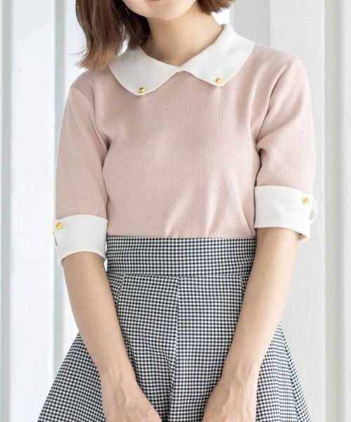 clear（クリア）の「配色襟5分袖ニットトップス［オフィスカジュアル 着回し抜群 大人］≪再入荷≫（ニット/セーター・レディース・オフホワイト/ブラック/イエロー/ピンク・F）」の4枚目の写真