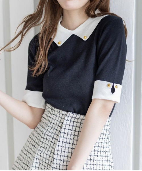 clear（クリア）の「配色襟5分袖ニットトップス［オフィスカジュアル 着回し抜群 大人］≪再入荷≫（ニット/セーター・レディース・オフホワイト/ブラック/イエロー/ピンク・F）」の3枚目の写真