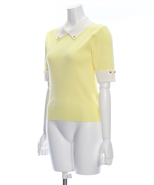 clear（クリア）の「配色襟5分袖ニットトップス［オフィスカジュアル 着回し抜群 大人］≪再入荷≫（ニット/セーター・レディース・オフホワイト/ブラック/イエロー/ピンク・F）」の5枚目の写真
