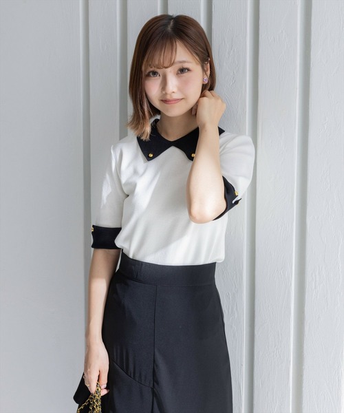 clear（クリア）の「配色襟5分袖ニットトップス［オフィスカジュアル 着回し抜群 大人］≪再入荷≫（ニット/セーター・レディース・オフホワイト/ブラック/イエロー/ピンク・F）」の20枚目の写真