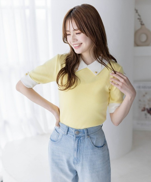 clear（クリア）の「配色襟5分袖ニットトップス［オフィスカジュアル 着回し抜群 大人］≪再入荷≫（ニット/セーター・レディース・オフホワイト/ブラック/イエロー/ピンク・F）」の22枚目の写真