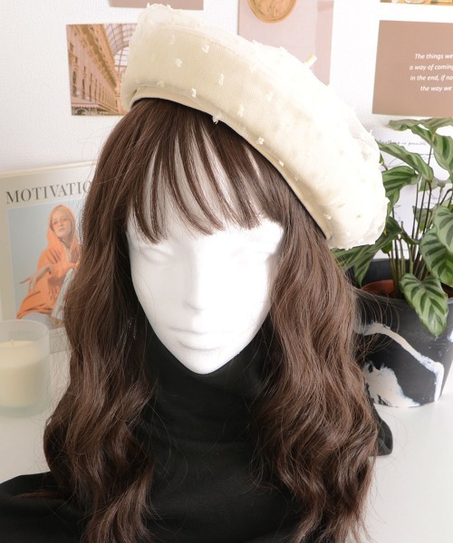 Mayree（メイリー）の「【resonance】ドット柄 チュール ベレー帽（ハンチング/ベレー帽・レディース・ブラック/アイボリー・FREE）」の3枚目の写真