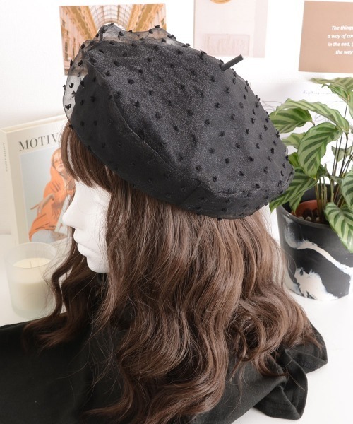 Mayree（メイリー）の「【resonance】ドット柄 チュール ベレー帽（ハンチング/ベレー帽・レディース・ブラック/アイボリー・FREE）」の7枚目の写真
