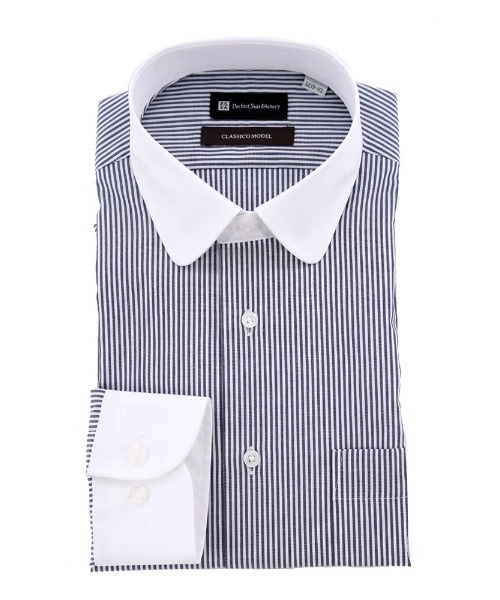 Perfect Suit FActory(パーフェクトスーツファクトリー)の「【形態安定】長袖ワイシャツ【クラシコ】ラウンドカラー ストライプ ネイビー(ビジネスシャツ・メンズ・ネイビー・首回り37cm-裄丈80cm/首回り43cm-裄丈86cm/首回り41cm-裄丈84cm/首回り39cm-裄丈82cm)」の3枚目の写真