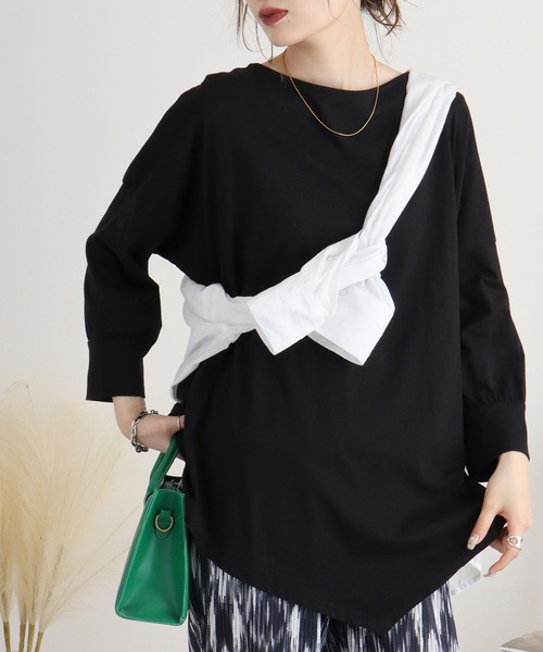 atONE(アットワン)の「アシメトリー裾タックTシャツ(Tシャツ/カットソー・レディース・ベージュ/ホワイト/カーキ/ブラック・LL~3L/4L~5L/M-L)」の10枚目の写真