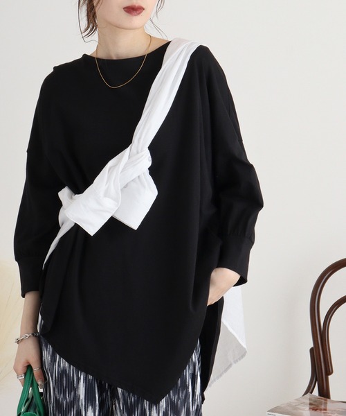 atONE(アットワン)の「アシメトリー裾タックTシャツ(Tシャツ/カットソー・レディース・ベージュ/ホワイト/カーキ/ブラック・LL~3L/4L~5L/M-L)」の11枚目の写真