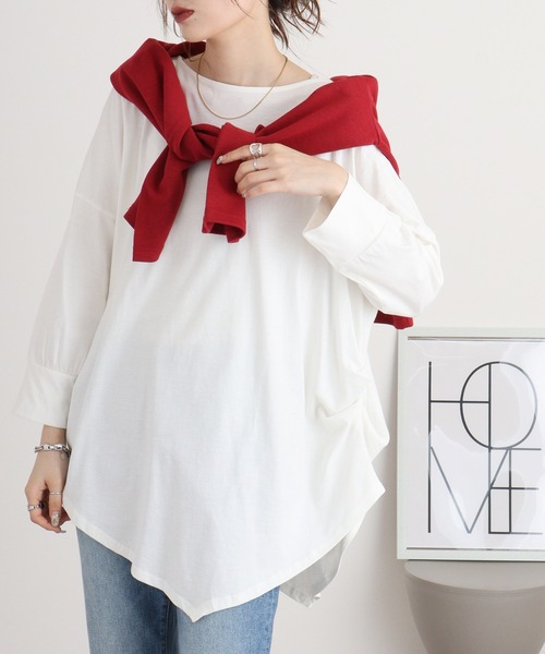 atONE(アットワン)の「アシメトリー裾タックTシャツ(Tシャツ/カットソー・レディース・ベージュ/ホワイト/カーキ/ブラック・LL~3L/4L~5L/M-L)」の5枚目の写真