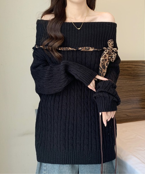オフショルレオパードスカーフ付きプルオーバー（カーディガン/ボレロ）｜AMAJI（アマジ）