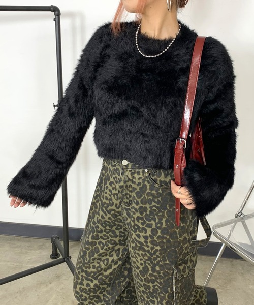non-hedge(ノンヘッジ)の「シャギーショート丈ニットプルオーバー(ニット/セーター・レディース・モカ/ワインレッド/ブラック/オフホワイト・FREE)」の1枚目の写真