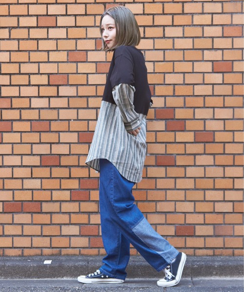 CUBE SUGAR（キューブシュガー）の「デニム裏使い切替ワークパンツ（デニムパンツ・レディース・インディゴブルー/ライトブルー・L/M）」の5枚目の写真