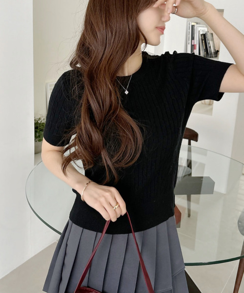 Ada.(エイダ)の「ケーブル デザイン ニット半袖(Tシャツ/カットソー・レディース・ブラック/ベージュ/ネイビー/ホワイト・FREE)」の8枚目の写真