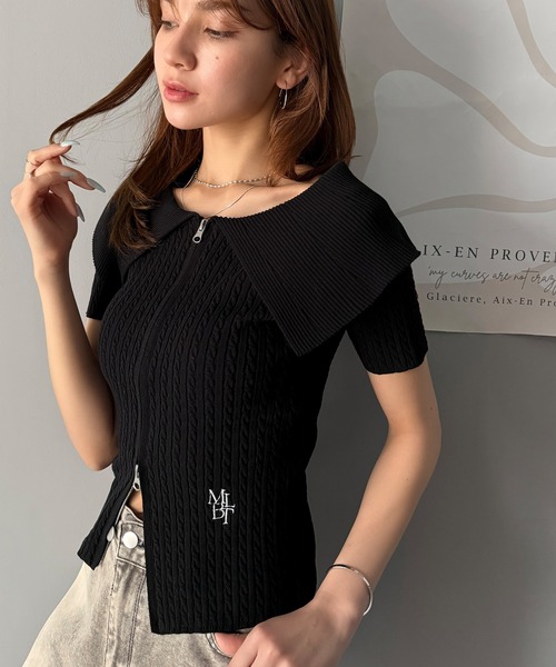mily bilet(ミウィビレット)の「【mily bilet】抜け感レディースタイル。ロゴ刺繍オフショル2WAYダブルジップケーブル柄サマーニット(半袖)(Tシャツ/カットソー・レディース・ブラック/ライトグレー/ホワイト・LARGE/MEDIUM/SMALL/X-LARGE)」の17枚目の写真