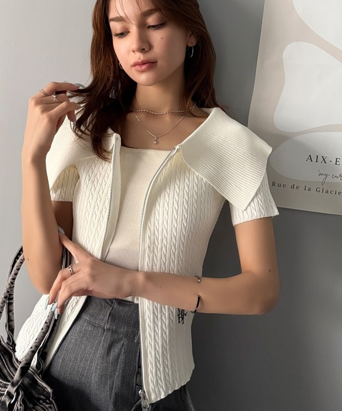 mily bilet(ミウィビレット)の「【mily bilet】抜け感レディースタイル。ロゴ刺繍オフショル2WAYダブルジップケーブル柄サマーニット(半袖)(Tシャツ/カットソー・レディース・ブラック/ライトグレー/ホワイト・LARGE/MEDIUM/SMALL/X-LARGE)」の12枚目の写真