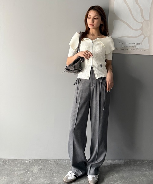 mily bilet(ミウィビレット)の「【mily bilet】抜け感レディースタイル。ロゴ刺繍オフショル2WAYダブルジップケーブル柄サマーニット(半袖)(Tシャツ/カットソー・レディース・ブラック/ライトグレー/ホワイト・LARGE/MEDIUM/SMALL/X-LARGE)」の10枚目の写真