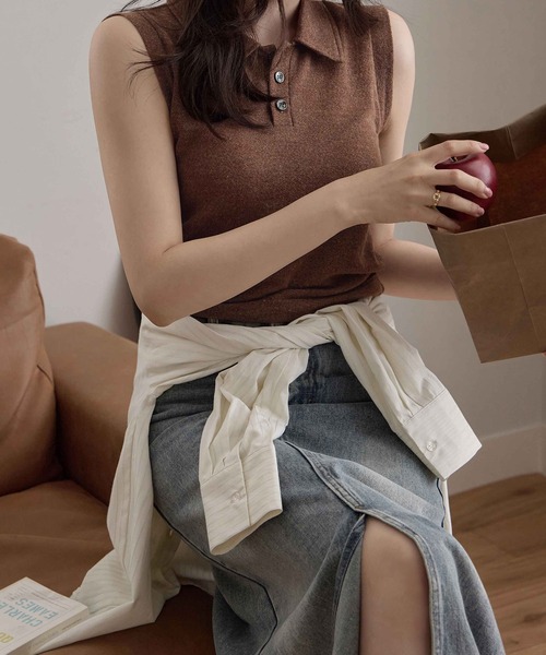 CHAN ME（チャンミ）の「ノースリーブメランジポロトップス（Tシャツ/カットソー・レディース・ブラウン/ブラック・MEDIUM/LARGE/X-LARGE）」の9枚目の写真