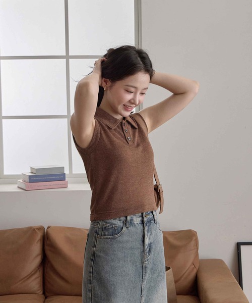 CHAN ME（チャンミ）の「ノースリーブメランジポロトップス（Tシャツ/カットソー・レディース・ブラウン/ブラック・MEDIUM/LARGE/X-LARGE）」の10枚目の写真
