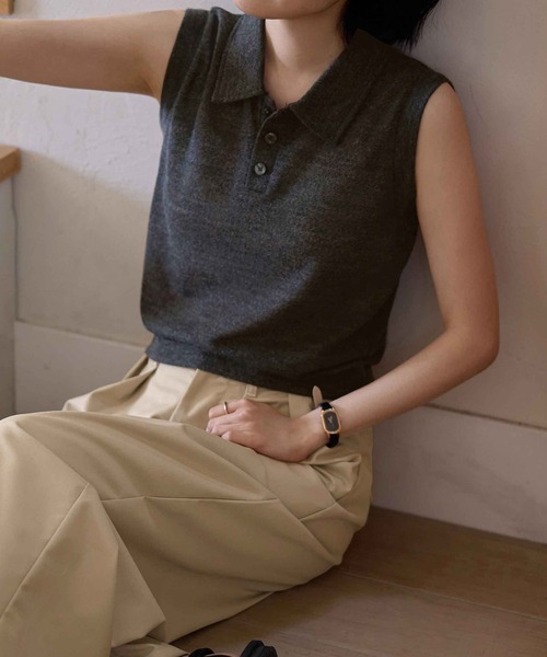 CHAN ME（チャンミ）の「ノースリーブメランジポロトップス（Tシャツ/カットソー・レディース・ブラウン/ブラック・MEDIUM/LARGE/X-LARGE）」の3枚目の写真