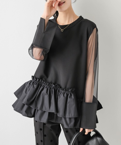 AMELY(エミリー)の「シアースリーブ フリルヘムトップス(シャツ/ブラウス・レディース・ブラック/ホワイト・フリー)」の2枚目の写真