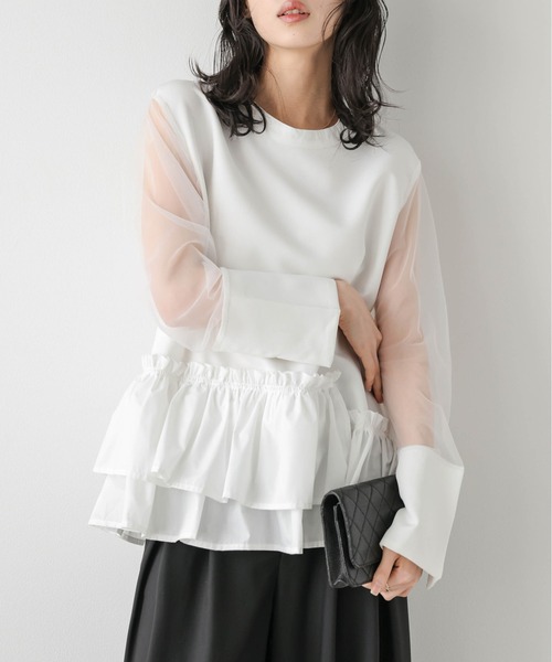 AMELY(エミリー)の「シアースリーブ フリルヘムトップス(シャツ/ブラウス・レディース・ブラック/ホワイト・フリー)」の14枚目の写真