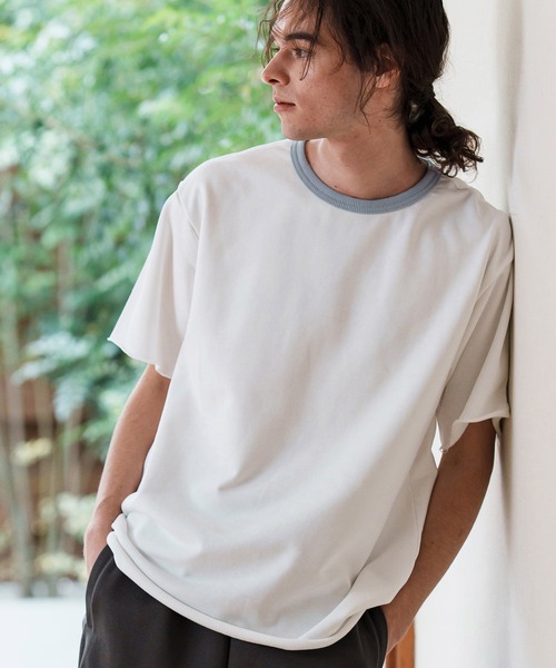 CAMBIO（カンビオ）の「mt9501-ミニ裏毛カットオフウェットリンガーT（Tシャツ/カットソー・メンズ・ホワイト×ブルー/ホワイト×グレー/チャコールグレー×ブラック/グレー×ピンク・S/M/L）」の2枚目の写真